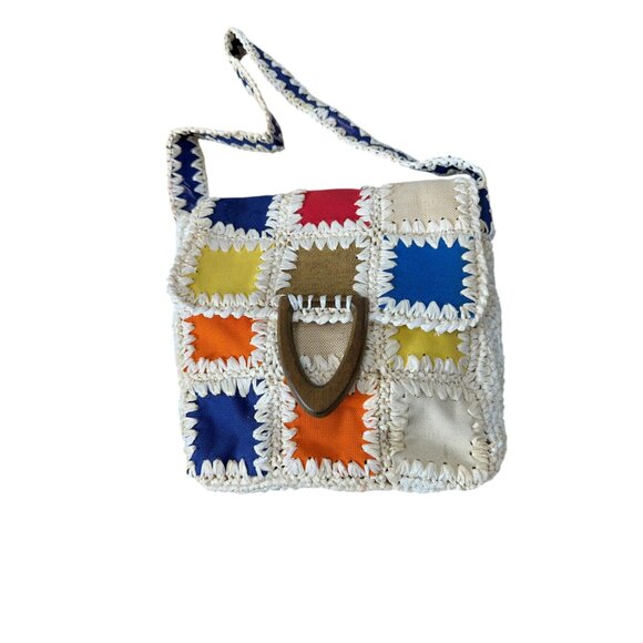 1960s raffia purse with colorful patchwork and wood accent by Craig Scot Made in - Picture 3 of 10
